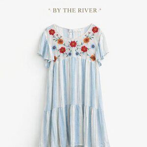 By The River Embroidered Stripe Dress Size Large Blue White Floral Boho Midi
